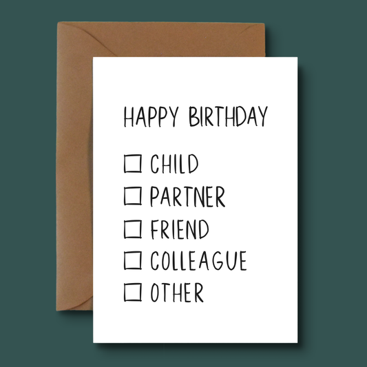 The "Ronan" Card - Birthday Card with Tick Boxes